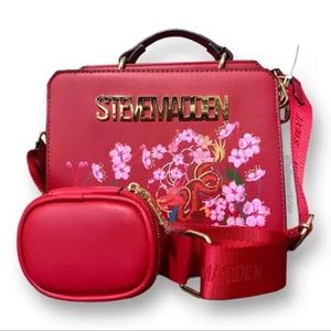 NWT STEVE MADDEN BEVELYN DRAGON SATCHEL CROSSBODY BAG W AIR POD CASE RED
